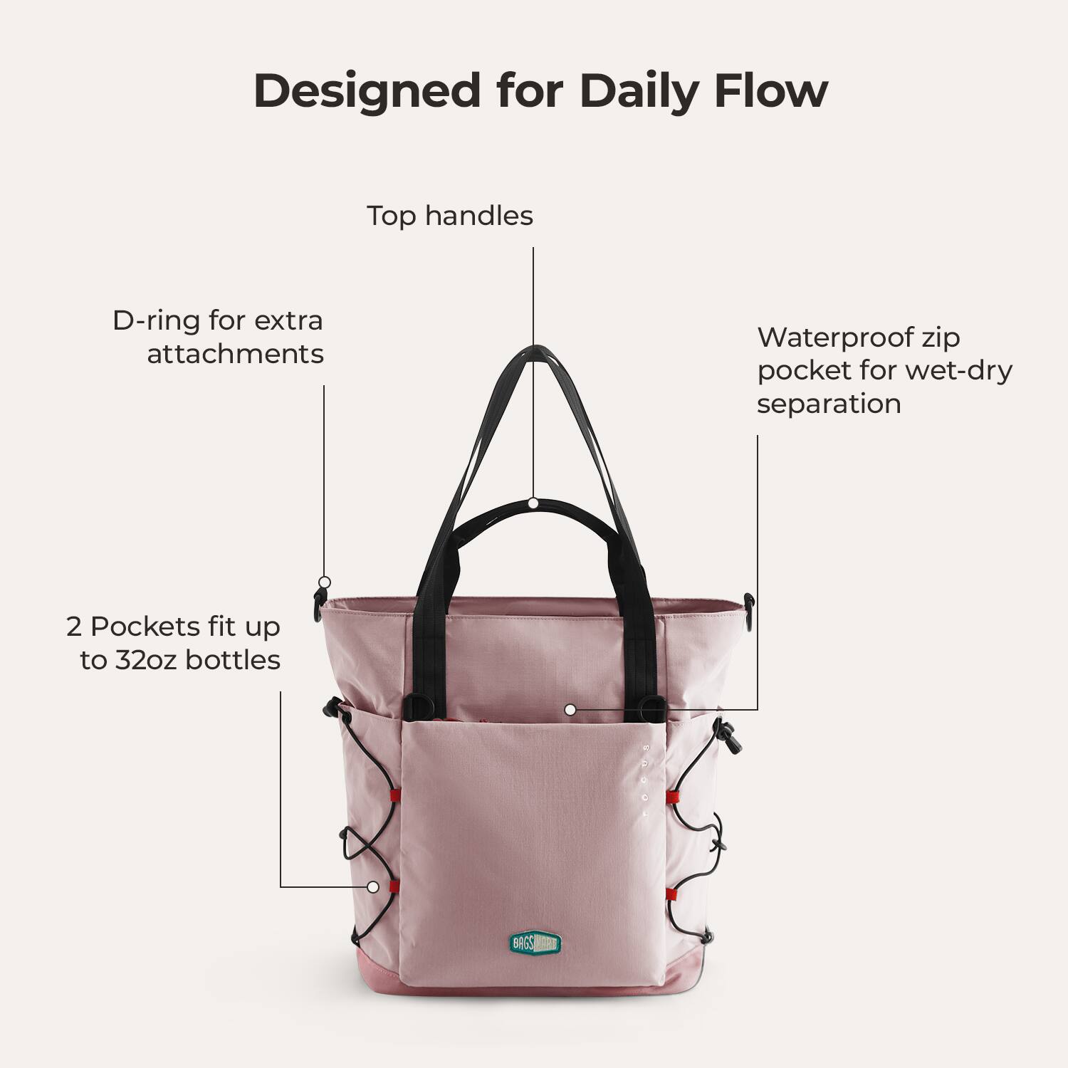 Designed for Daily Flow  
Top handles  
D-ring for extra attachments  
Waterproof zip pocket for wet-dry separation  
2 Pockets fit up to 32oz bottles