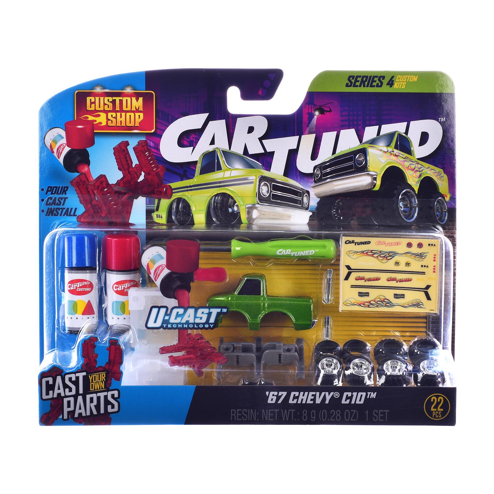 SERIES 4 CUSTOM KITS  
CUSTOM SHOP  
CAR TUNED  
1 CAST INSTALL  
14L Cardume  
CHETINO  
SCUNO  
CAR TUNED  
U-CAST TECHNOLOGY  
CAR TUNED  
'67 CHEVY C10  
RESIN: NET WT.: 8 g (0.28 OZ)  
1 SET  
22 PCS