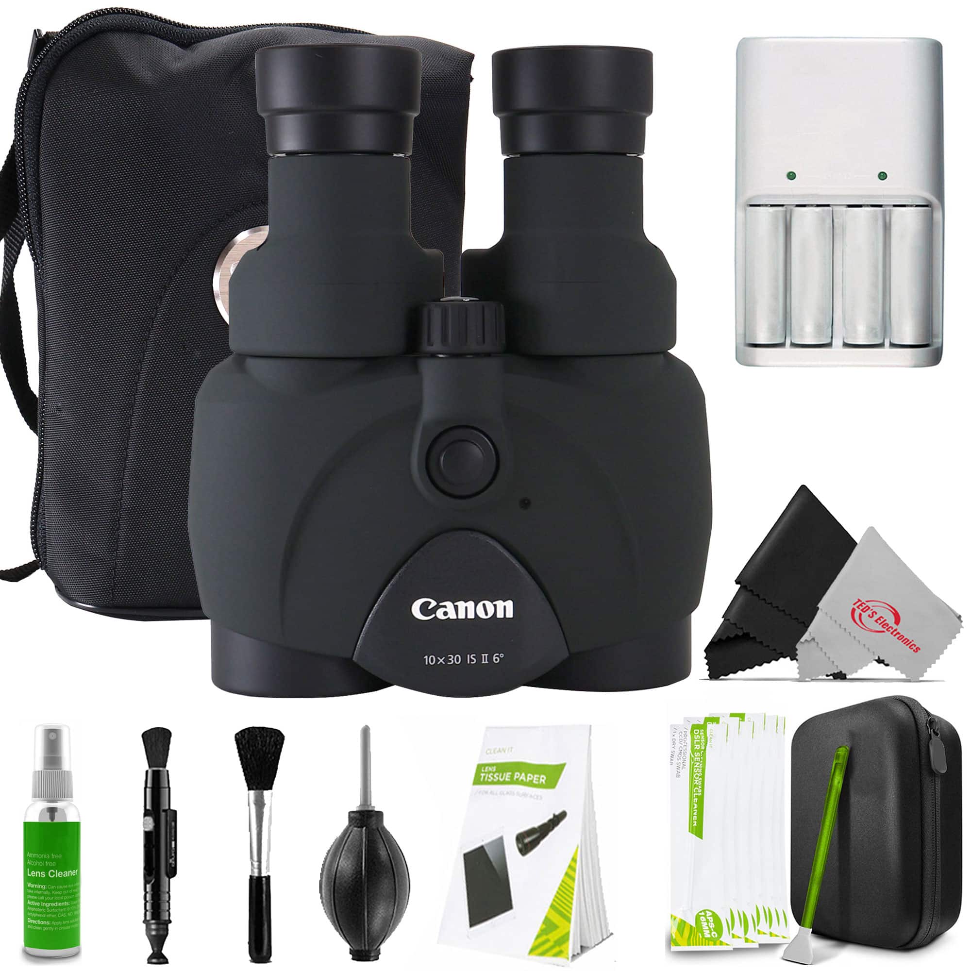 Canon - 10x30 IS II Image Stabilized Binoculars + Battery, Charger + Cleaning Kit - Black