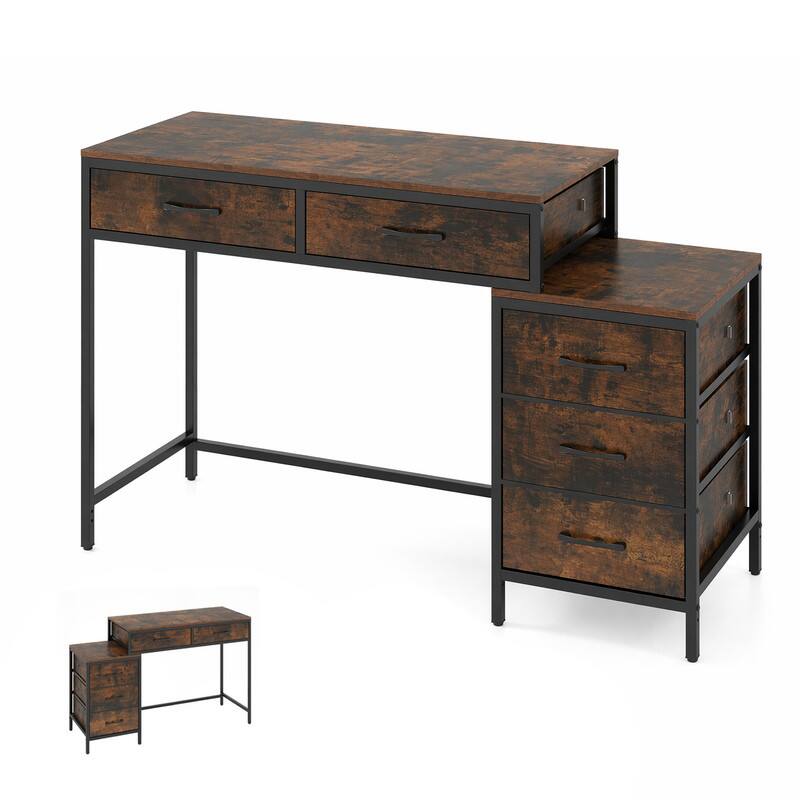 Alt View 5. WELLFOR - 51" Industrial Computer Desk with 5 Drawers & Printer Stand, Home Office Desk Study Desk - Rustic Brown.