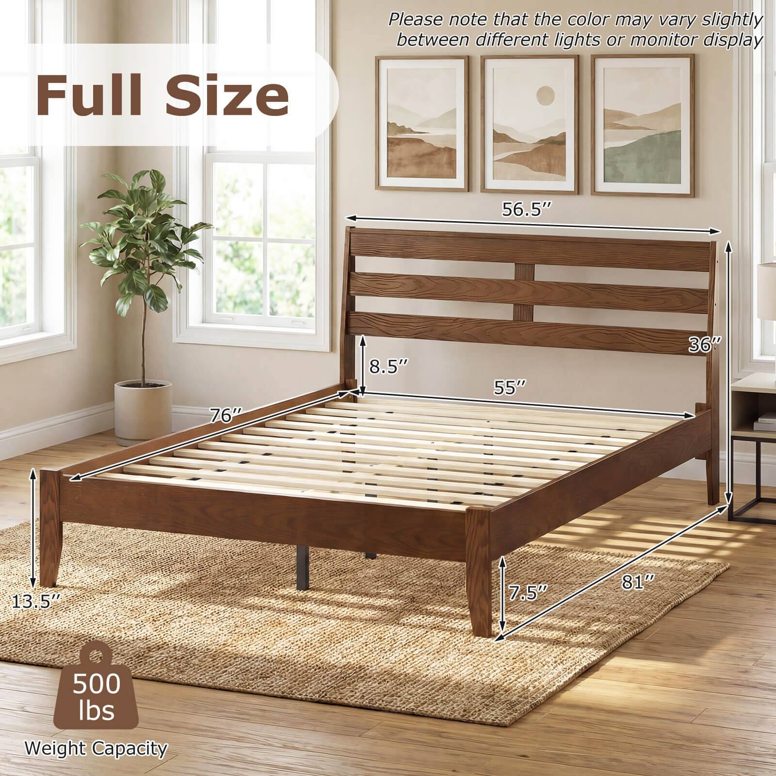 Full Size

Please note that the color may vary slightly between different lights or monitor display

- 56.5" (width)
- 76" (length)
- 8.5" (height of headboard)
- 55" (height of footboard)
- 36" (depth)
- 13.5" (height of side rails)
- 7.5" (height of slats)
- 81" (overall length)
- 500 lbs Weight Capacity
