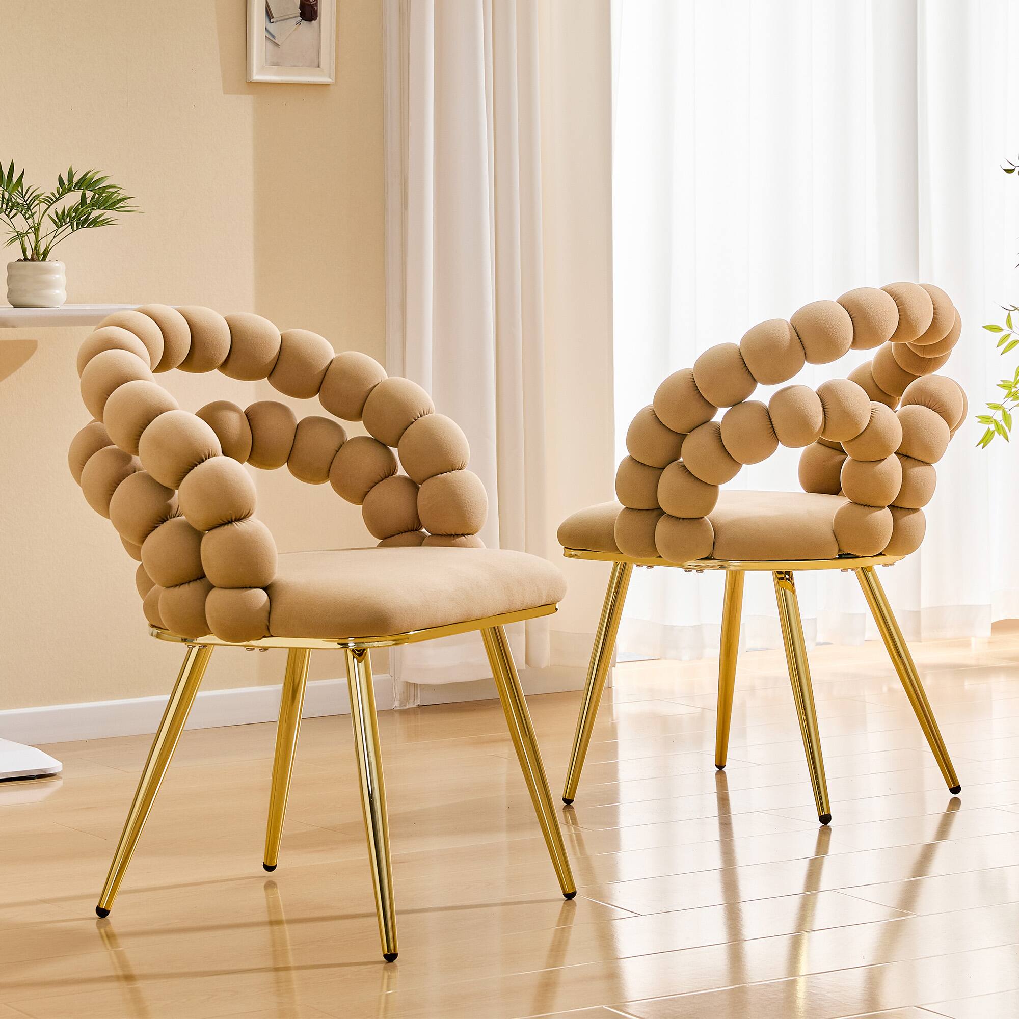 Back. Loheer - Loheer Velvet Dining Chair Set of 2 Bubble Back Brown Accent Chairs with Gold Metal Legs for Dining Room 1.92 ft - Brown,Gold.