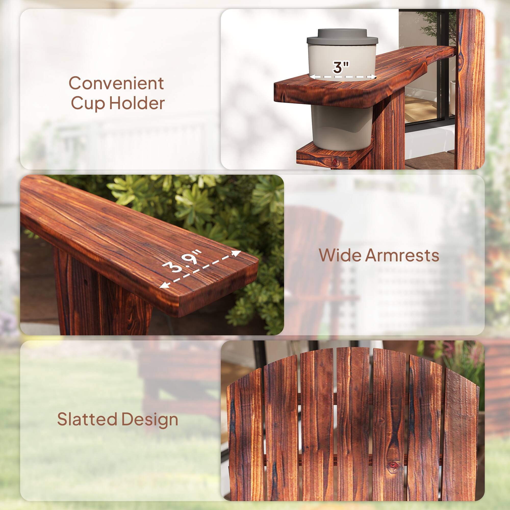 Convenient Cup Holder  
3"  
Wide Armrests  
3.9"  
Slatted Design