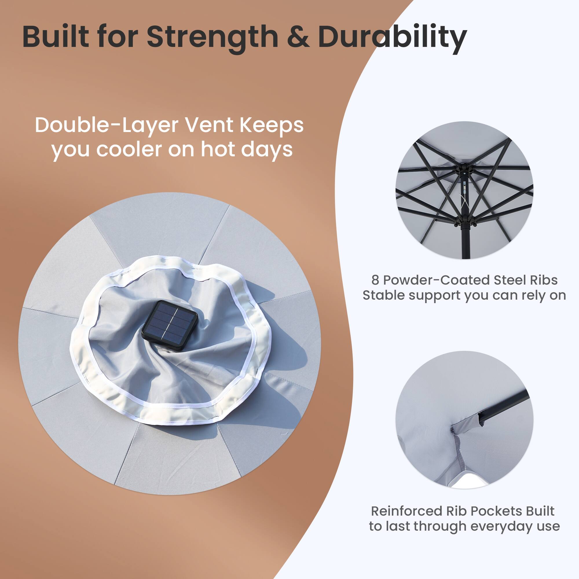 Built for Strength & Durability

Double-Layer Vent Keeps you cooler on hot days

8 Powder-Coated Steel Ribs
Stable support you can rely on

Reinforced Rib Pockets Built to last through everyday use