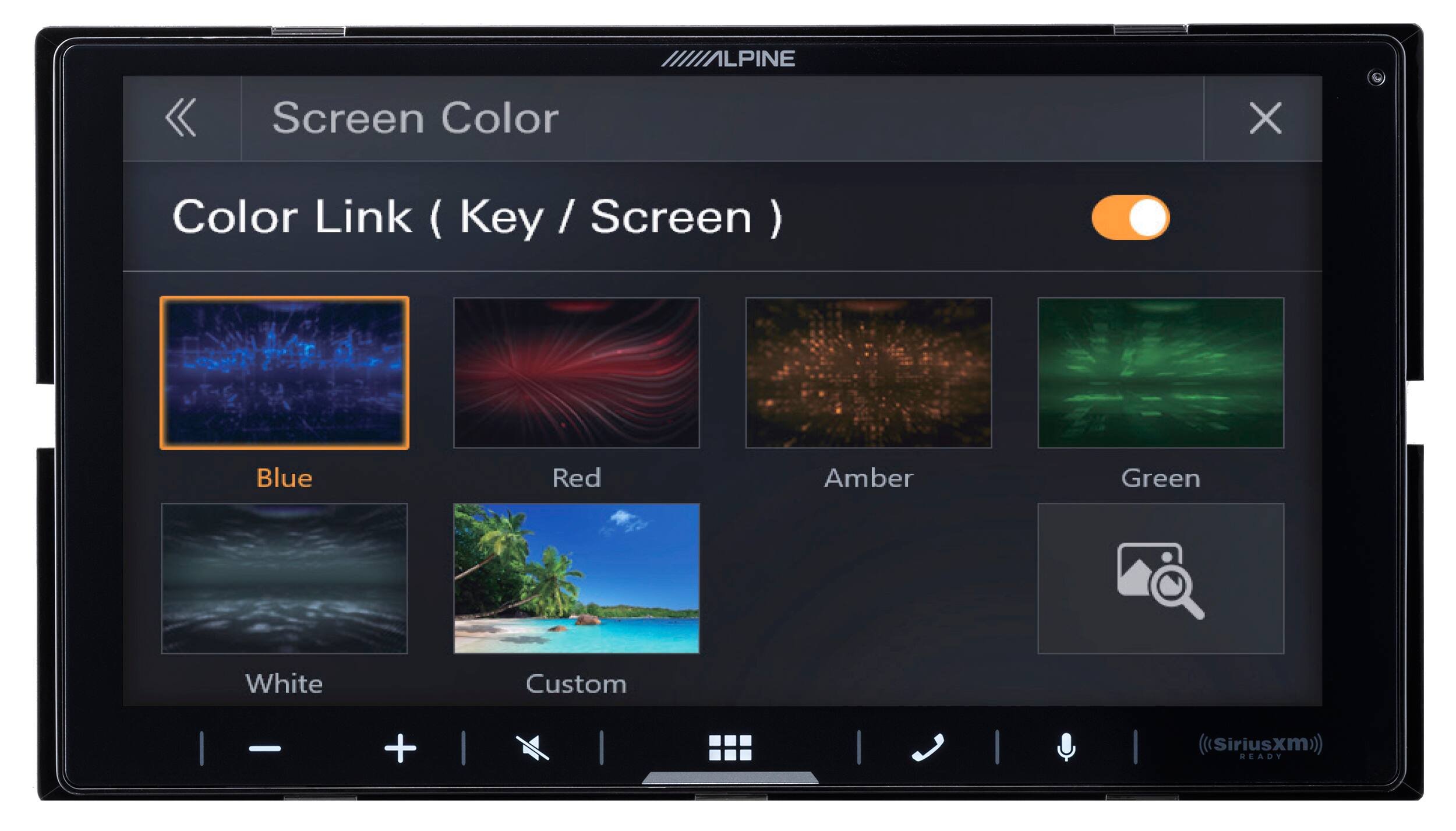 Screen Color

Color Link (Key / Screen)

- Blue
- Red
- Amber
- Green
- White
- Custom

SiriusXM READY