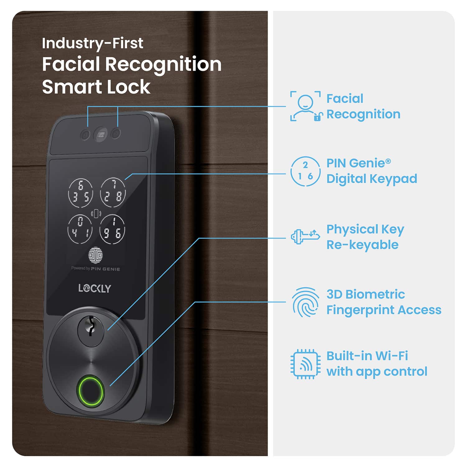 Industry-First Facial Recognition Smart Lock
Facial Recognition
PIN Genie Digital Keypad
Physical Key Re-keyable
3D Biometric Fingerprint Access
Built-in Wi-Fi with app control