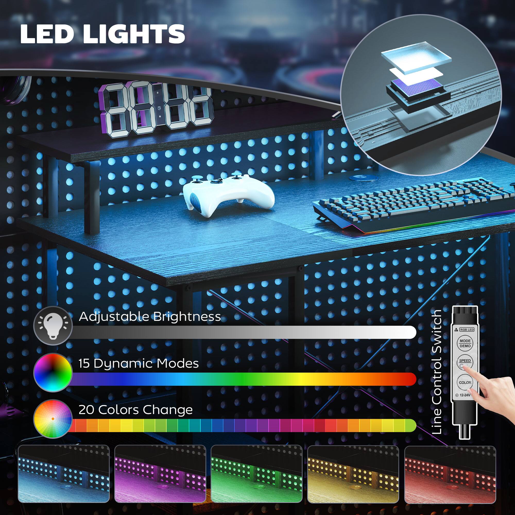 LED LIGHTS
Adjustable Brightness
15 Dynamic Modes
20 Colors Change
Line Control Switch