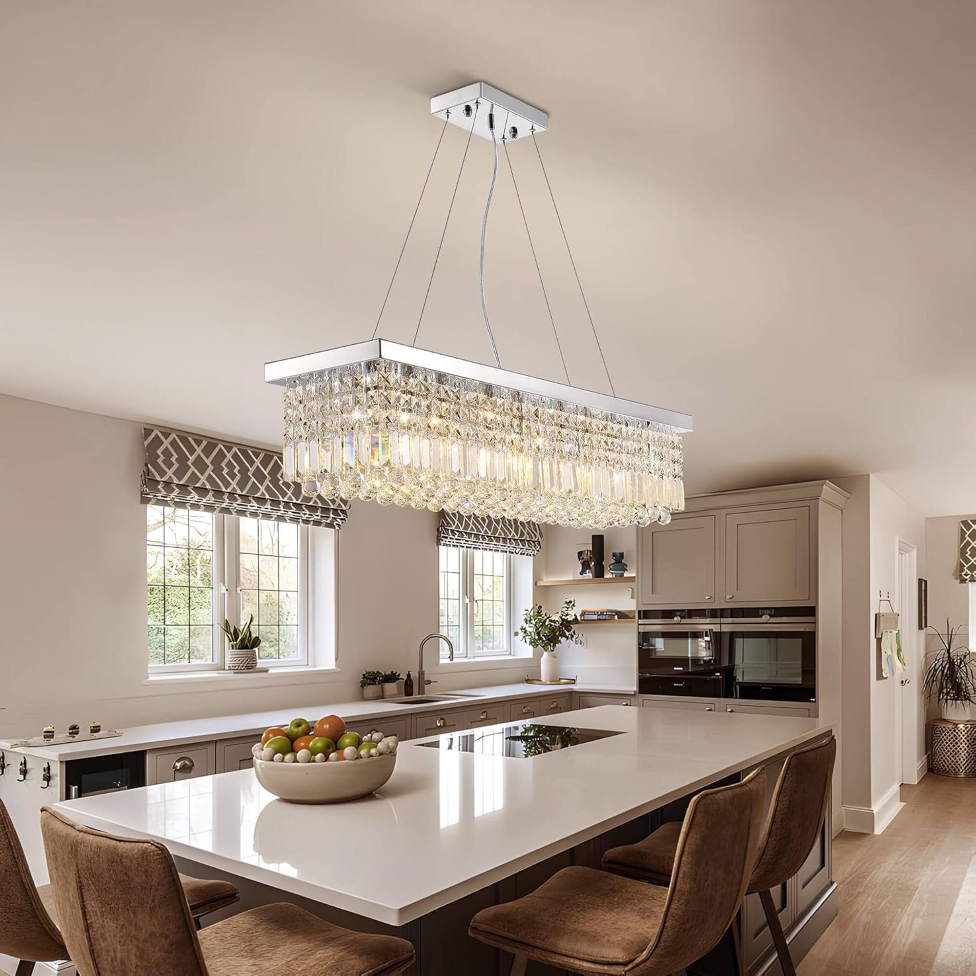 Left. Siljoy - 31.5" 6-Light Chrome Linear Crystal Chandelier, Adjustable K9 Crystal Pendant Light for Kitchen Island Dining Room Foyer - Chrome.