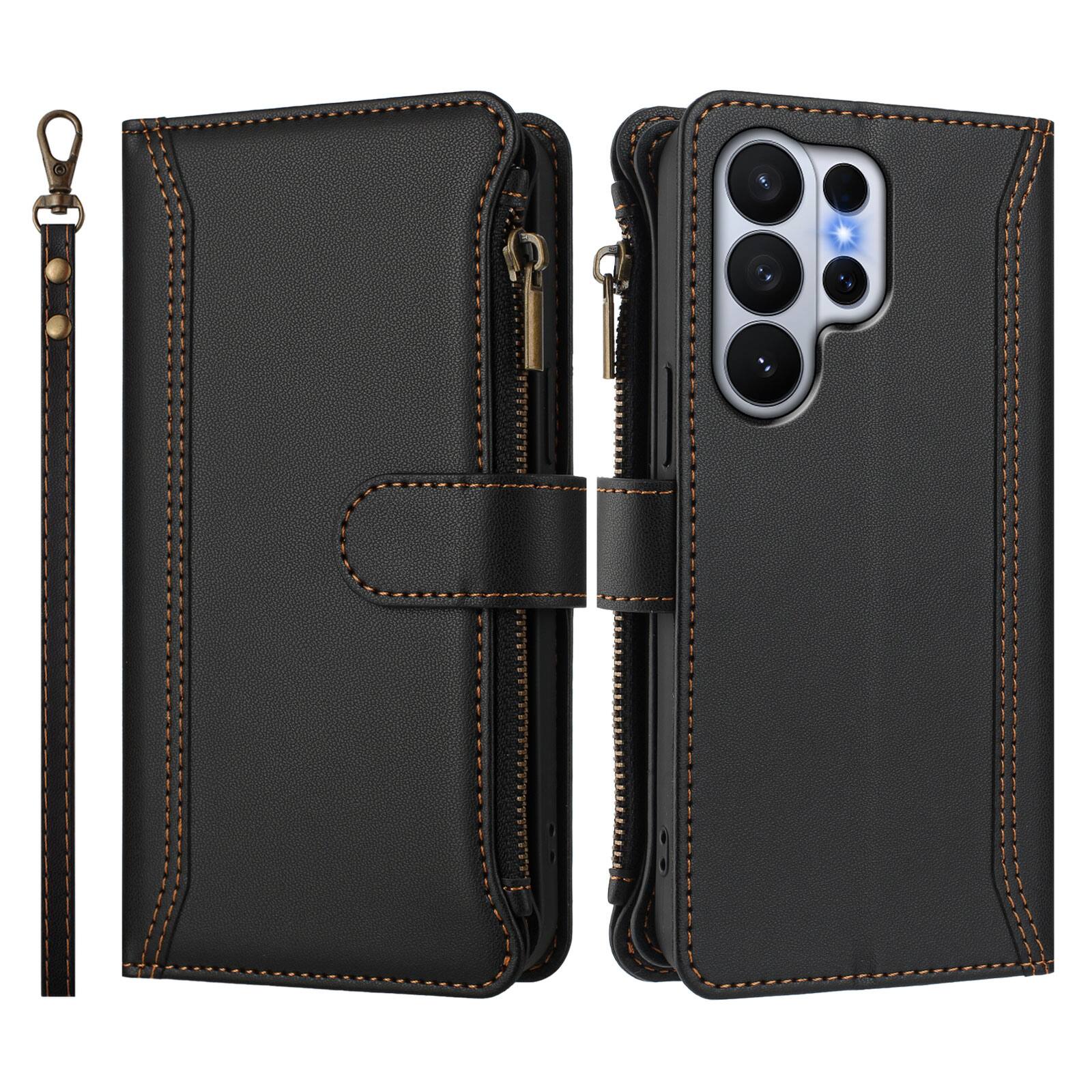 Angle. UUCOVER - Wallet Case for Samsung Galaxy S26 Ultra with Zipper Pocket, Cash Card Slots, Wrist and Shoulder Strap, Flip Stand Cover - Black.