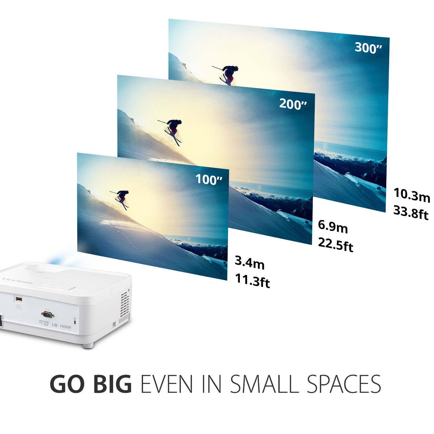 300"  
200"  
100"  

3.4m 11.3ft  
6.9m 22.5ft  
10.3m 33.8ft  

GO BIG EVEN IN SMALL SPACES