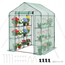 VEVOR - Walk-in Greenhouse, 55.5" x 56.1" x 78.7" Greenhouse for Outdoors with PE Cover, 2 Tiers 8 Shelves, Roll-Up Zipper Door - Green