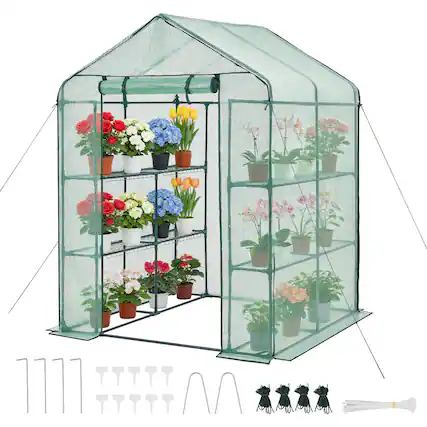 Front. VEVOR - Walk-in Greenhouse, 55.5" x 56.1" x 78.7" Greenhouse for Outdoors with PE Cover, 2 Tiers 8 Shelves, Roll-Up Zipper Door - Green.