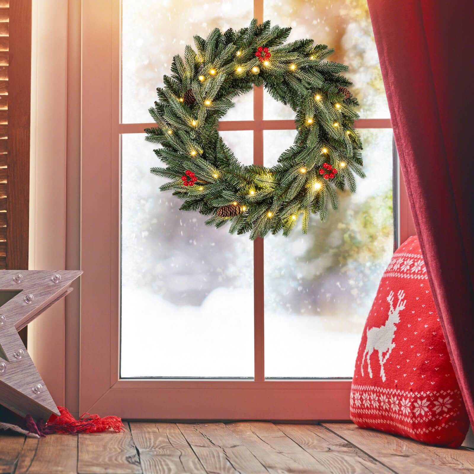 Alt View 4. Costway - Costway 2 PCS 24" Pre-lit Christmas Wreath Front Door Artificial Xmas Wreath with Red Berries - Green.