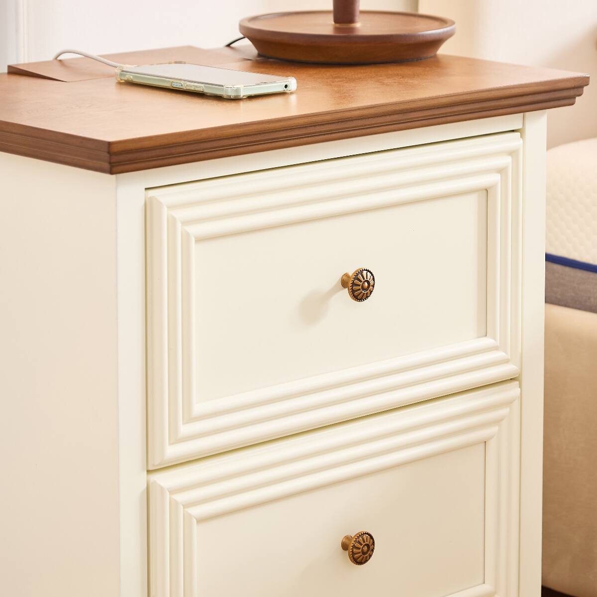 Alt View 3. Loheer - Loheer Mid Century Modern Nightstand with Charging Station, Two Drawers, Brown and White - Brown and White.