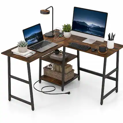 Front. WELLFOR - 48" L Shape Desk with Charging Station, Corner Computer Desk with Storage Shelves for Home Office & Gaming - Brown.