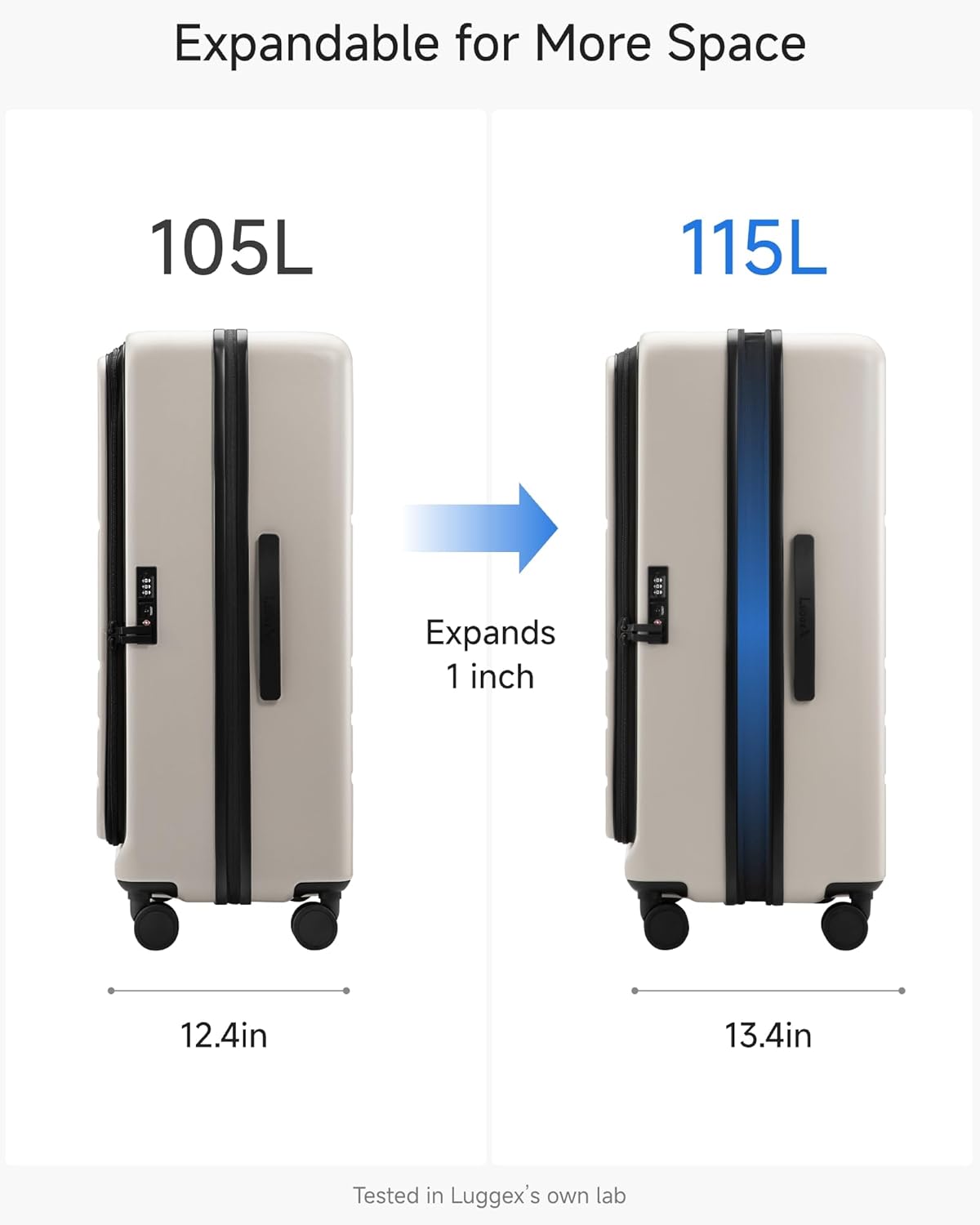 Expandable for More Space

105L

Expands 1 inch

12.4in

115L

13.4in

Tested in Luggex's own lab
