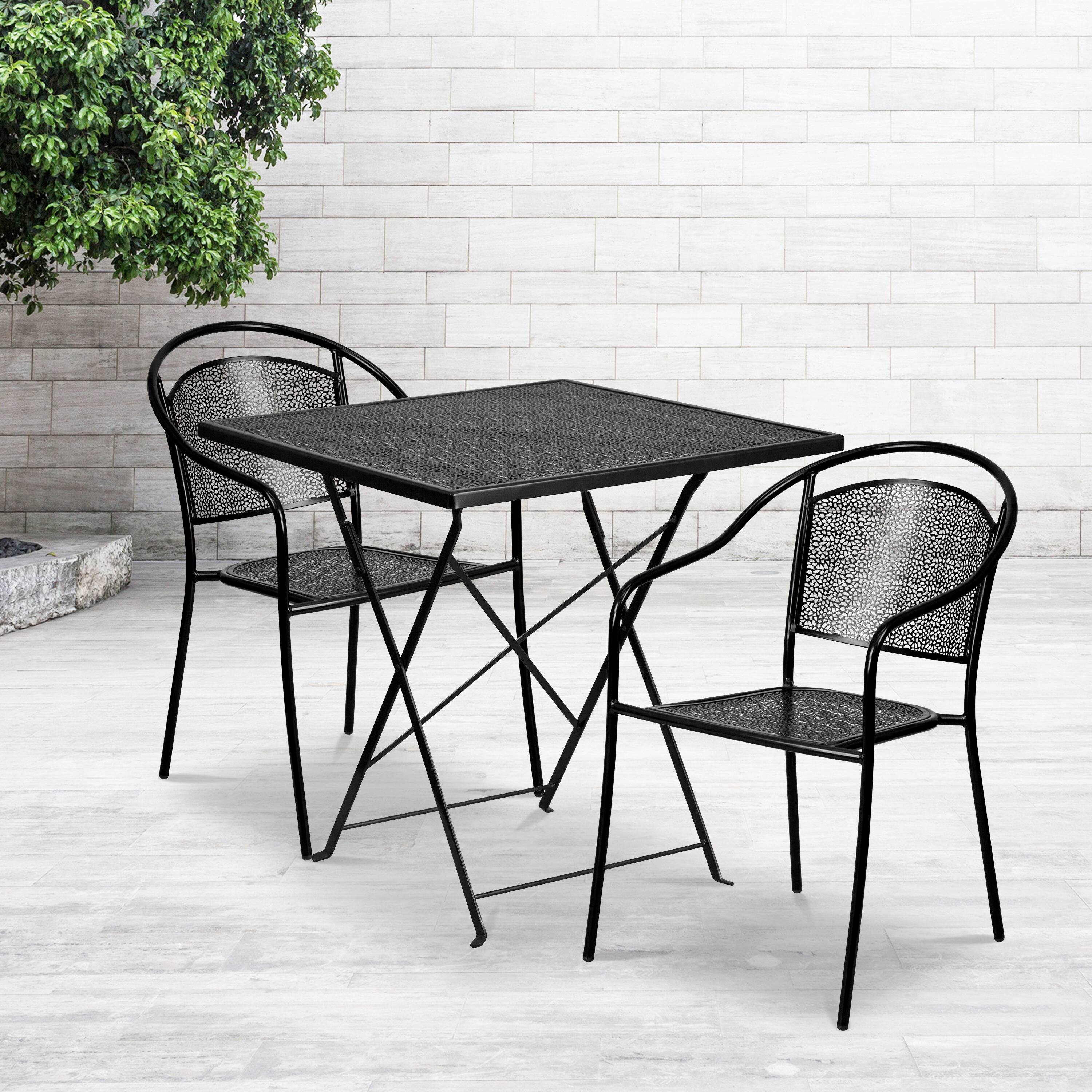 Alt View 1. Emma + Oliver - Commercial Grade 28" Square Metal Folding Patio Table Set w/ 2 Round Back Chairs - Black.