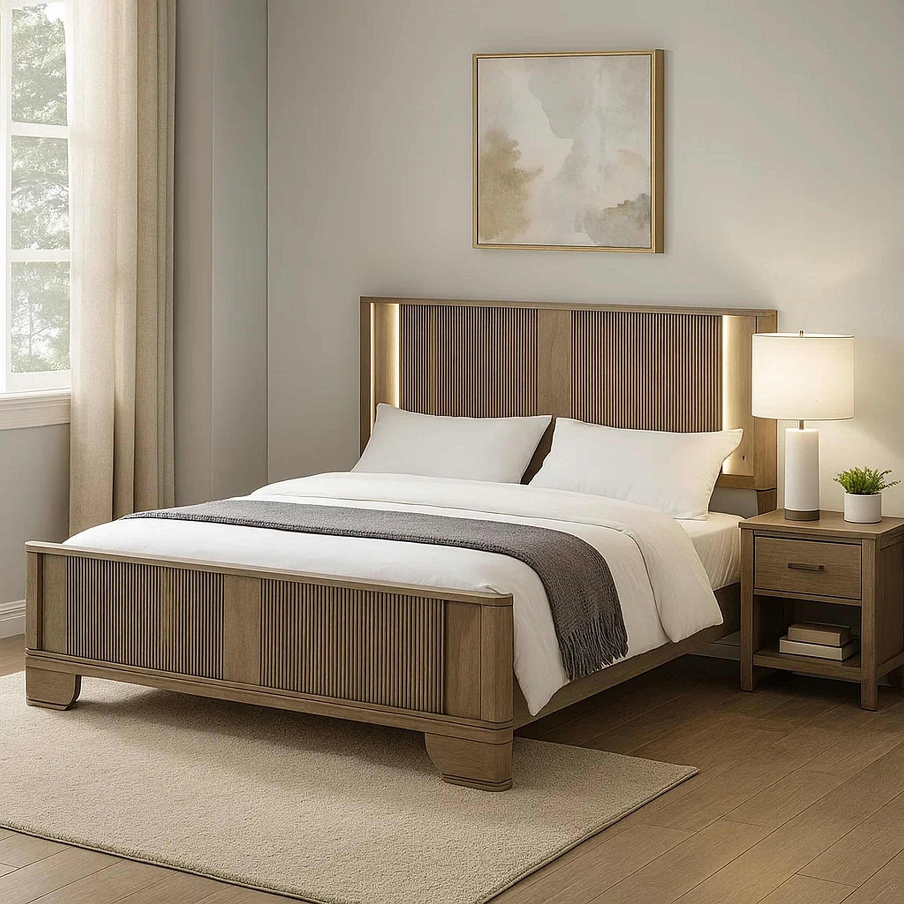 Alt View 5. Manhattan Lane - Leky Queen Bed, LED Headboard, Fluted Patterns, Antique Oak Brown Wood - Oak Brown.