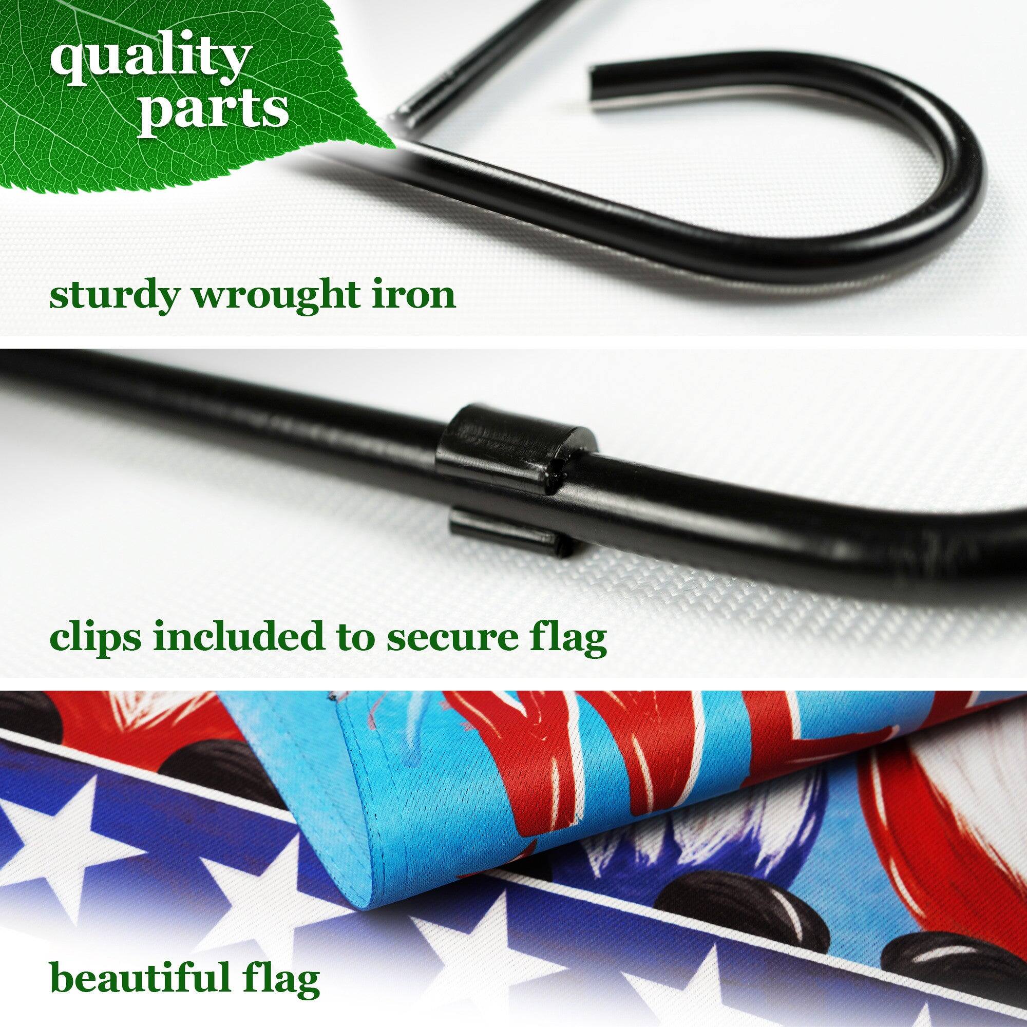 quality parts  
sturdy wrought iron  
clips included to secure flag  
beautiful flag