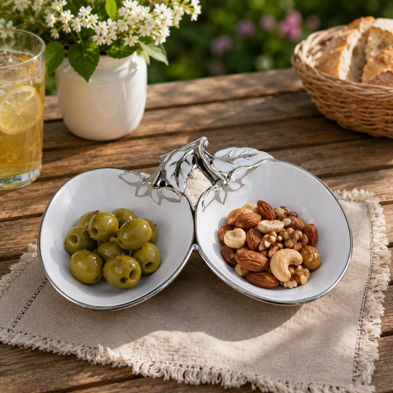 Left. Jiallo - 9.75" Ceramic Double Bowls with Silver Trim - White.