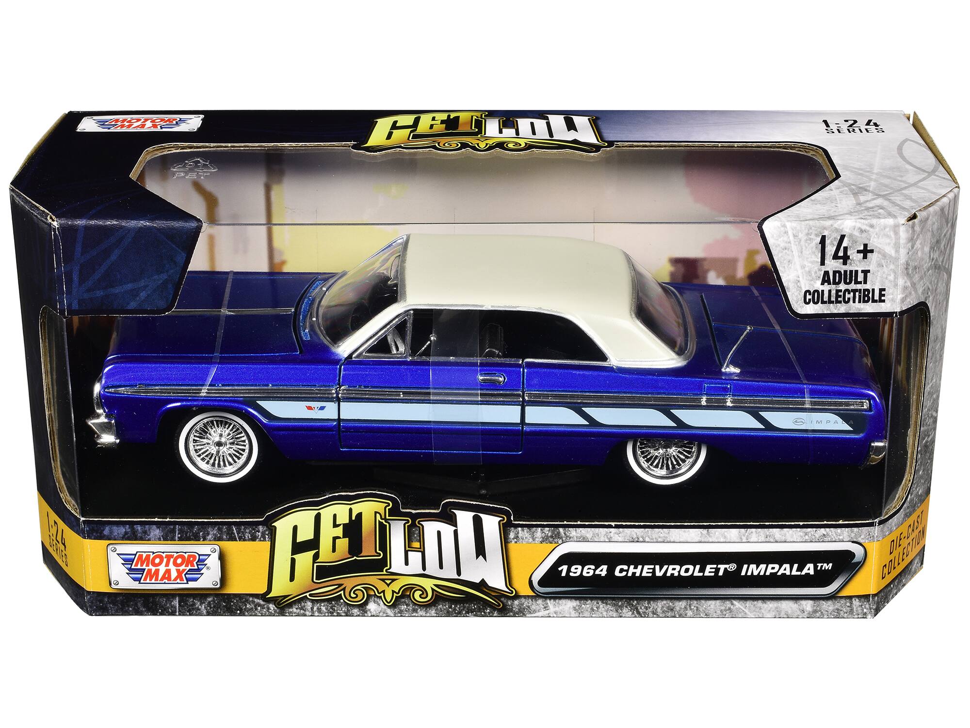 CHOTOAL F 1:24 SERIES PET 14+ ADULT COLLECTIBLE  
1:24 FFES E% MOTOR MAX  
GET LOW 1964 CHEVROLET IMPALA TM DIE-CAST