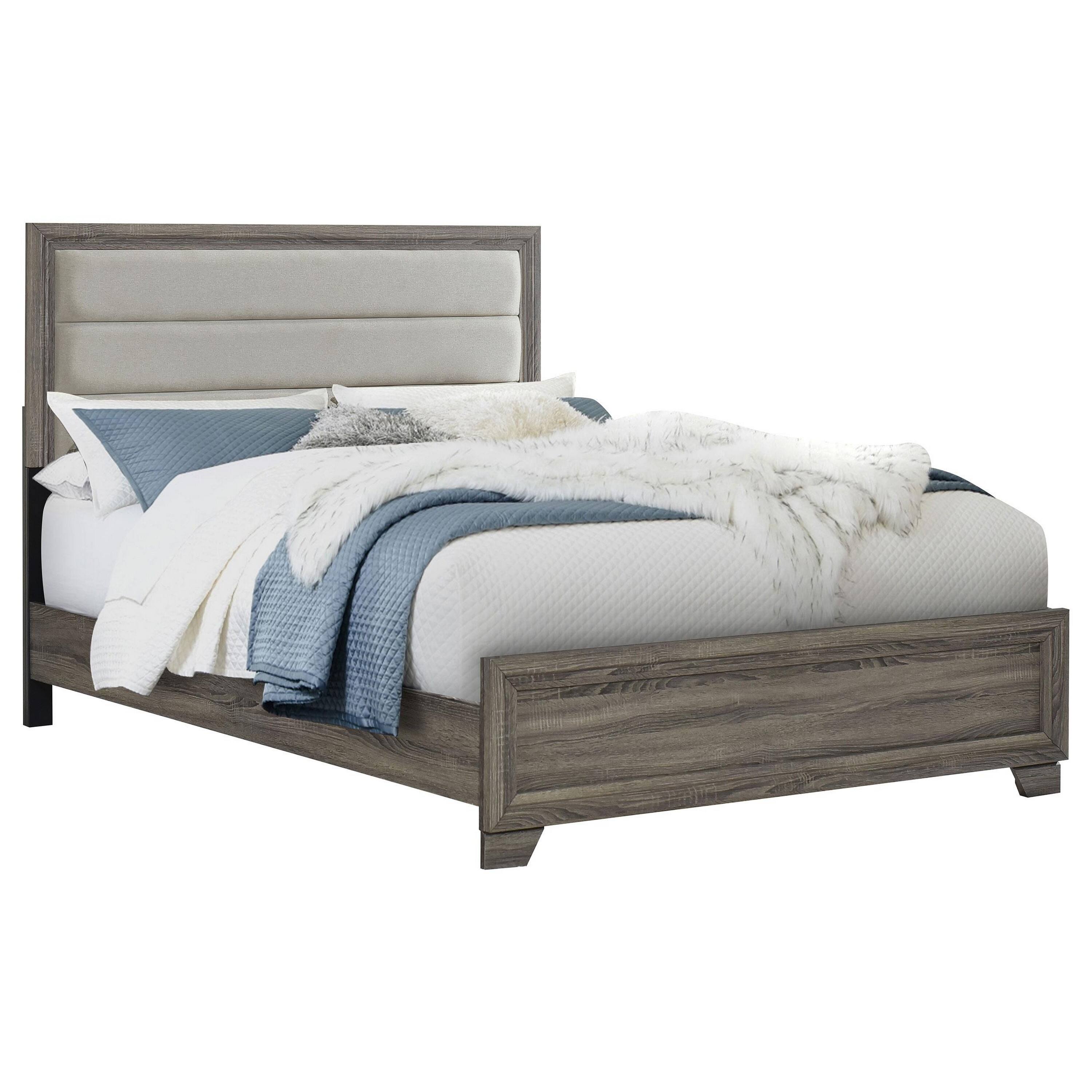Alt View 1. Manhattan Lane - Reay Queen Size Bed, Panel Headboard, Brown Wood Tufted Tan Upholstery - Brown.