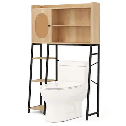 Front. Costway - Costway Over The Toilet Storage Cabinet Space-saving Toilet Organizer with PE Rattan Door - Beige.