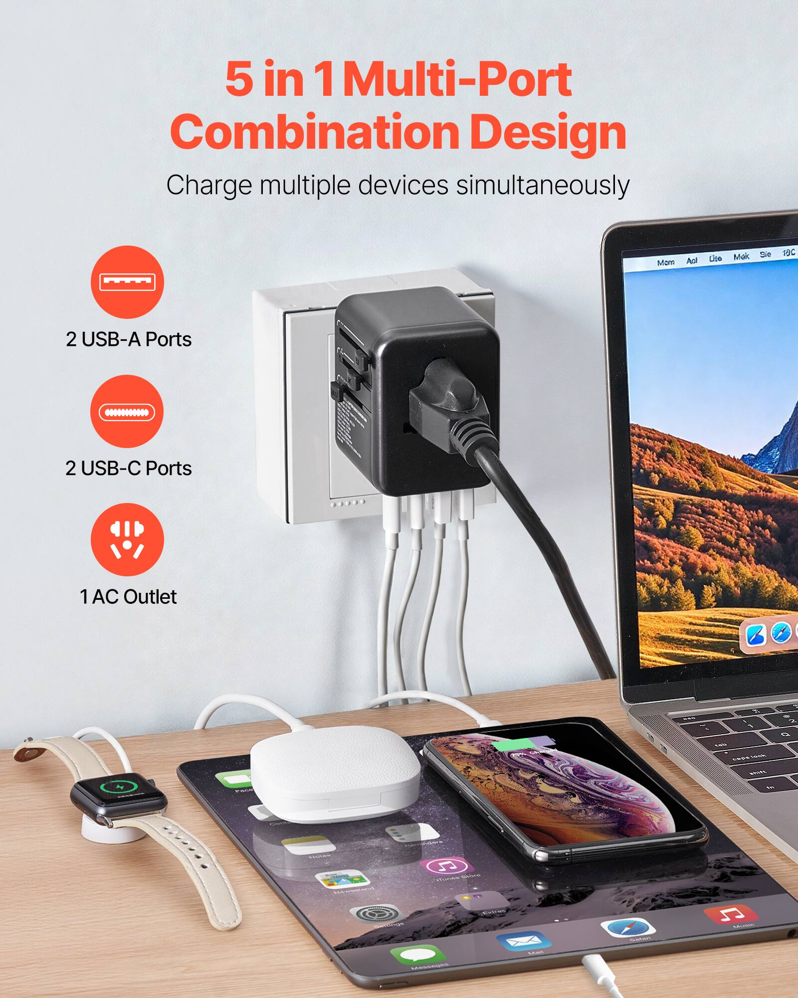 5 in 1 Multi-Port Combination Design  
Charge multiple devices simultaneously  

2 USB-A Ports  
2 USB-C Ports  
1 AC Outlet