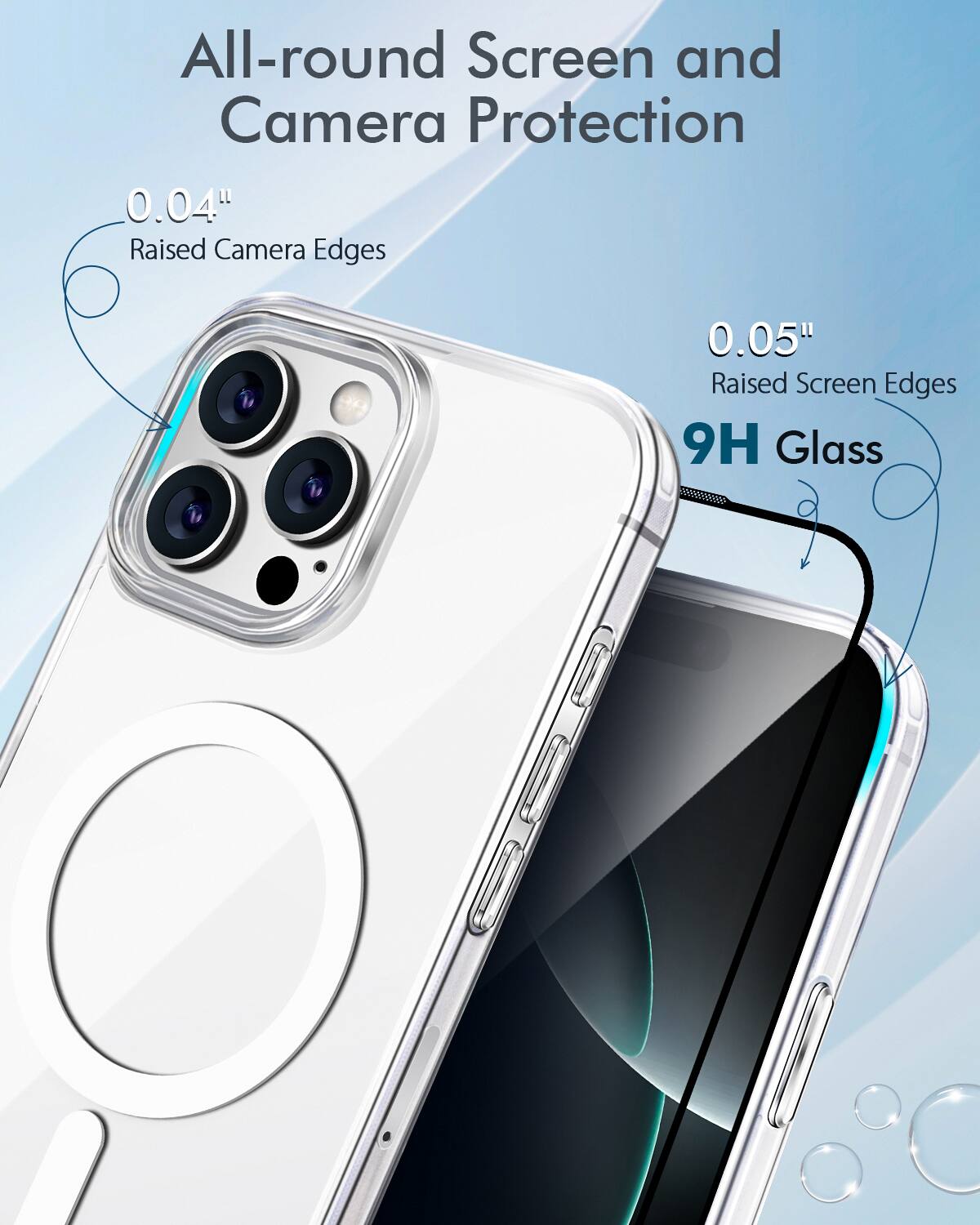 All-round Screen and Camera Protection: 0.04" Raised Camera Edges, 0.05" Raised Screen Edges, 9H Glass.