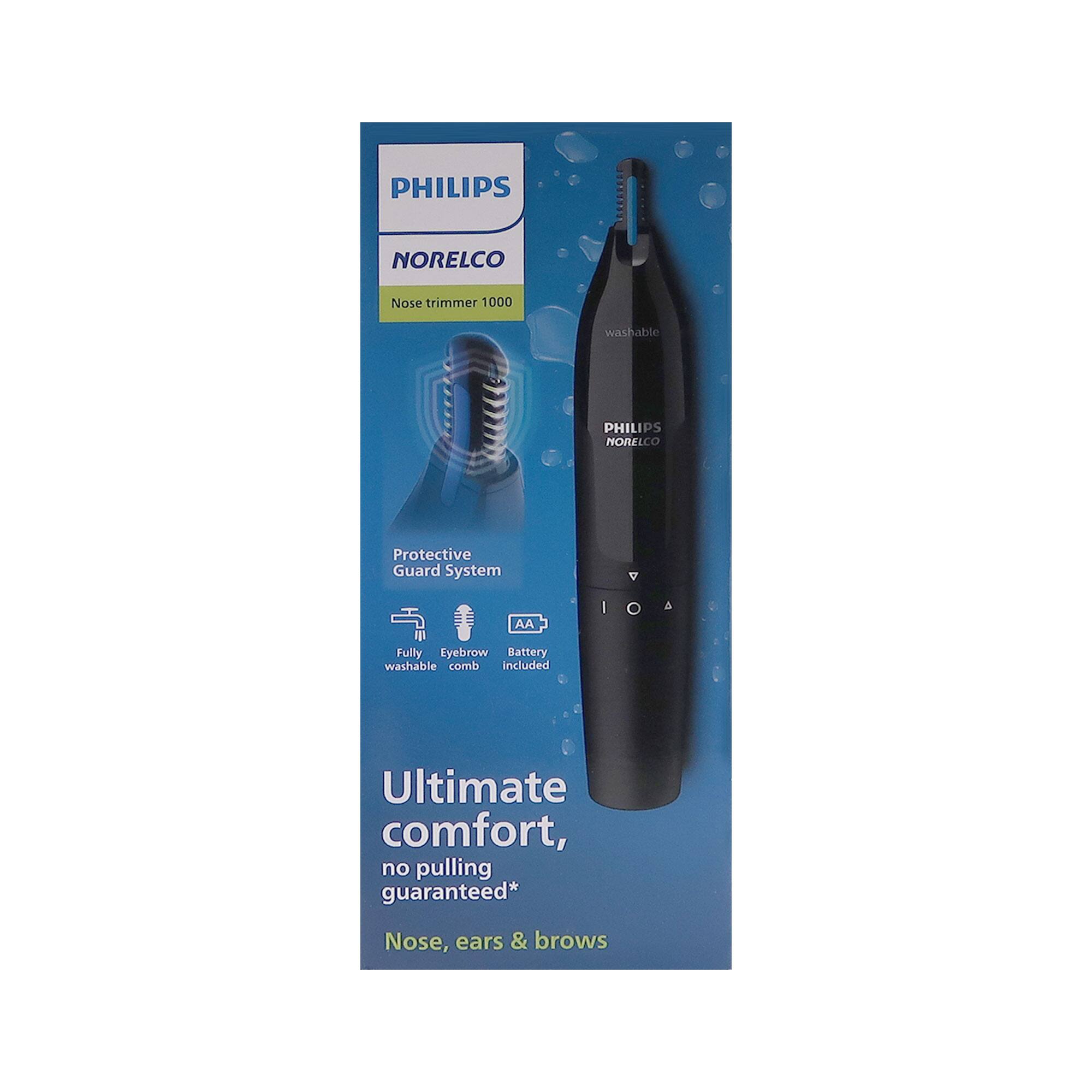 PHILIPS NORELCO Nose trimmer 1000 washable  
PHILIPS NORELCO Protective Guard System  
AA Battery included  
Fully washable comb  
Ultimate comfort, no pulling guaranteed*  
Nose, ears & brows
