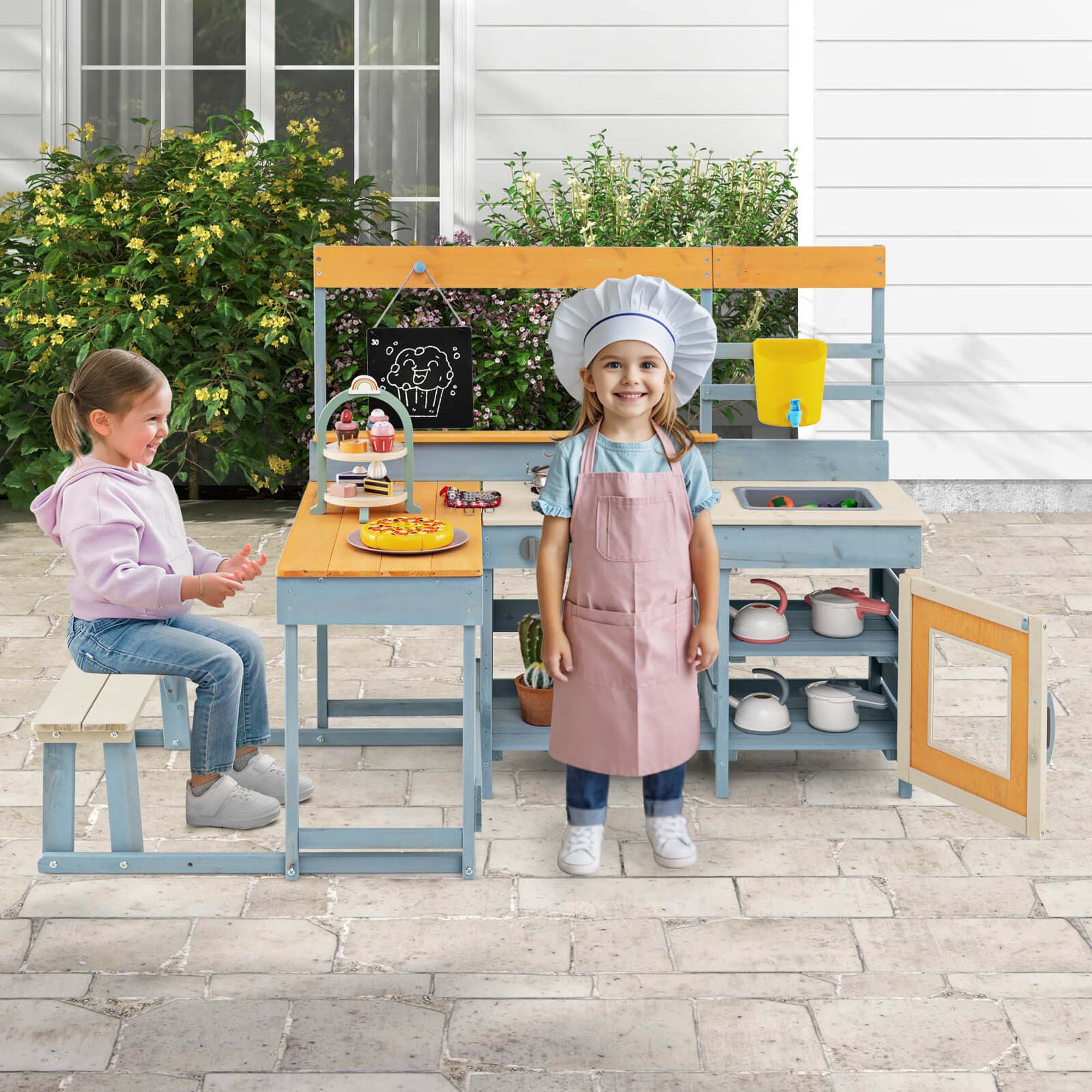 Alt View 1. Costway - Costway Mud Kitchen with Kids Picnic Table Built-in Bench Blackboard Water Box Sink - Multicolor.