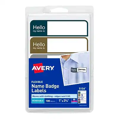 Hello my name is: AVERY
FLEXIBLE Name Badge Labels
Moves with clothing edges - won't lift
REMOVABLE
100 BADGES
1" x 3 3/4"
5154