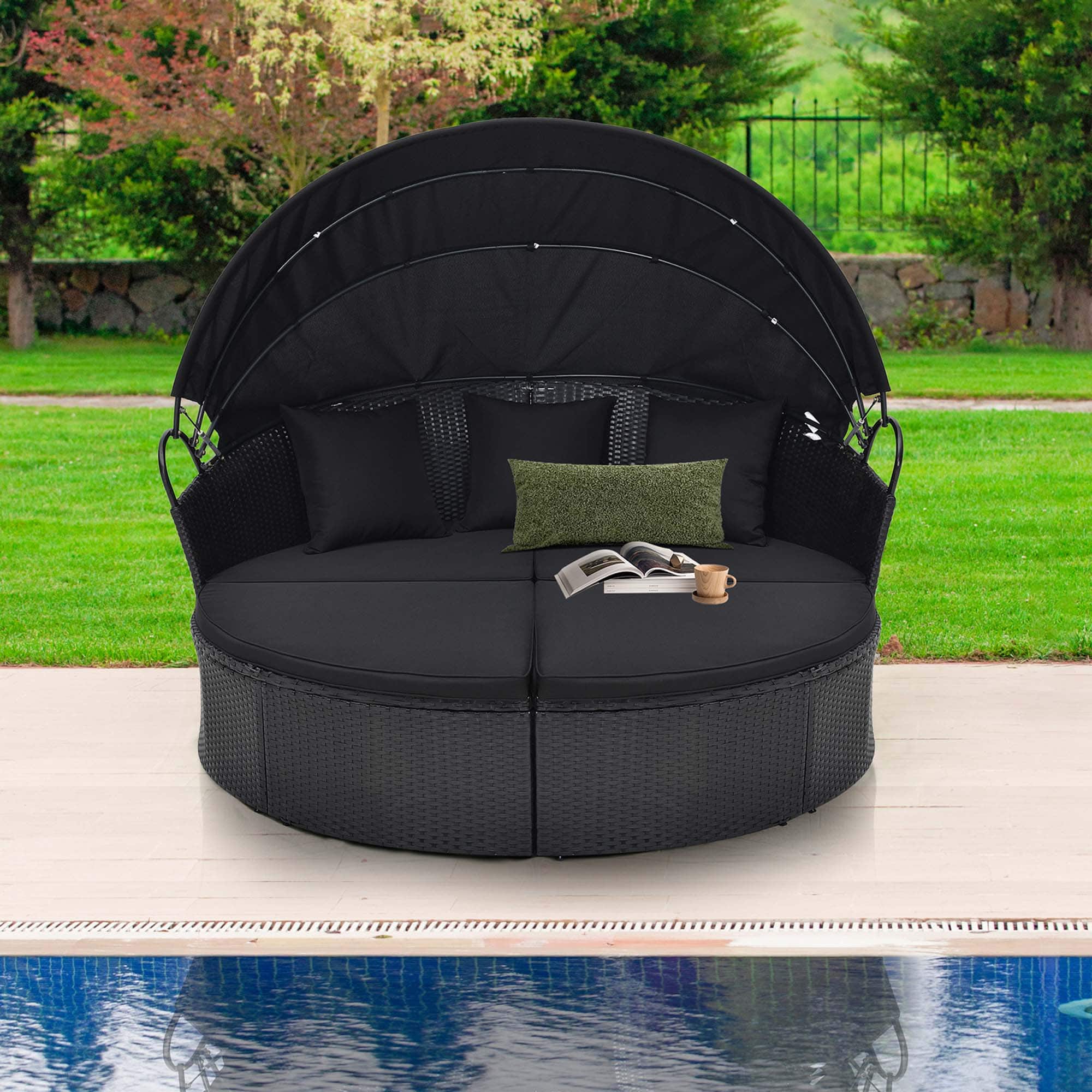 Alt View 2. Costway - Patio Round Daybed with Retractable Canopy Rattan Sectional Seating - Black.