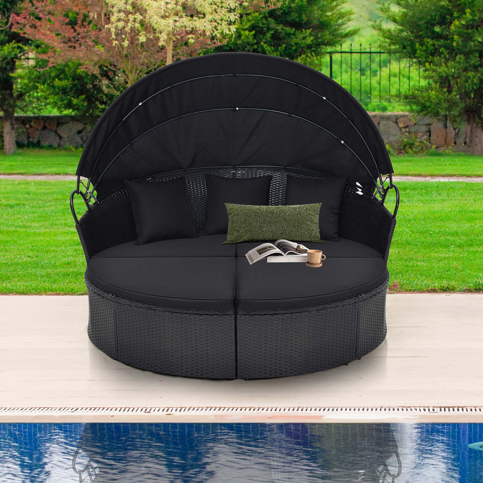 Alt View 2. Costway - Patio Round Daybed with Retractable Canopy Rattan Sectional Seating - Black.