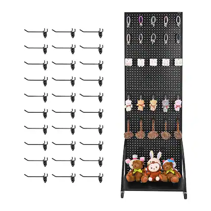 Front. VEVOR - Standing Pegboard Display with Base Plate, 23.7 x 66 in Pegboard Display Stand with Casters and 30 Hooks - Black.