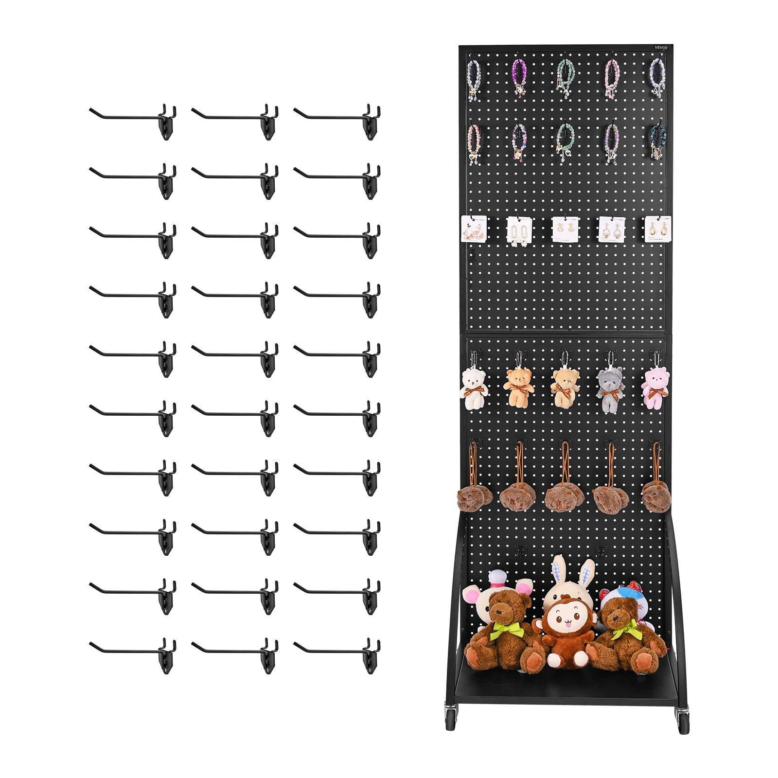 VEVOR - Standing Pegboard Display with Base Plate, 23.7 x 66 in Pegboard Display Stand with Casters and 30 Hooks - Black