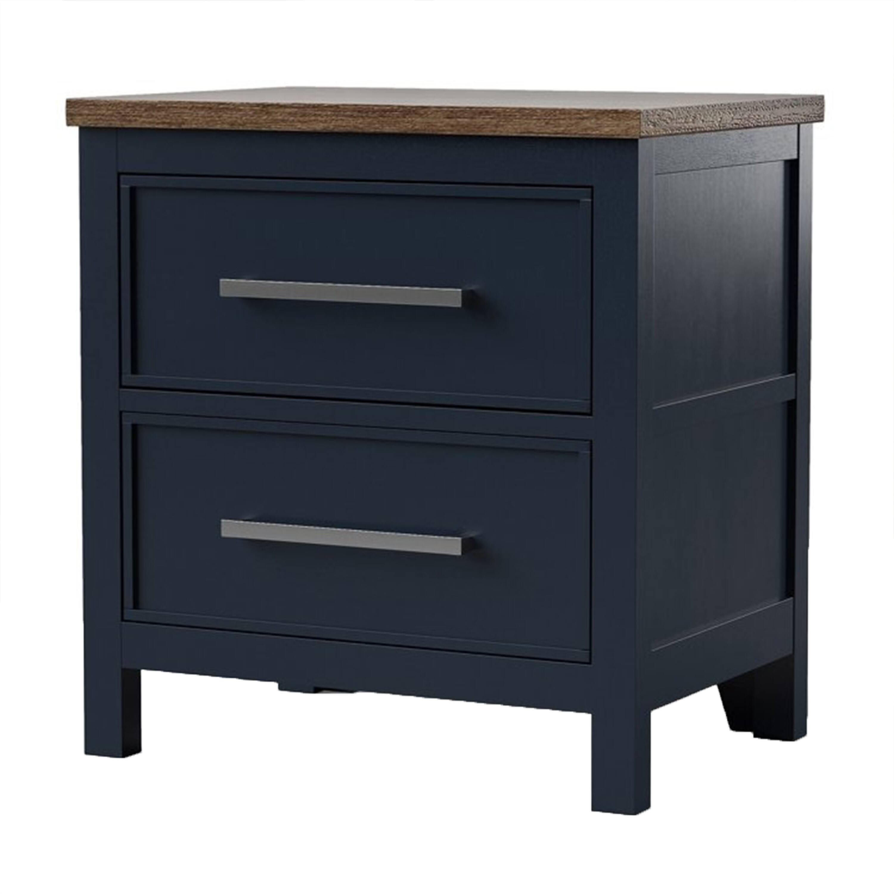 Front. Manhattan Lane - Tela Nightstand, 2 Drawers, Metal Handles, 25 Inch Solid Pinewood - Blue, Dark Brown, Nickel.