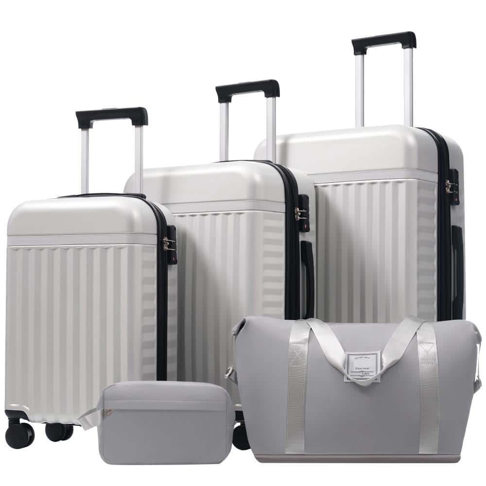BreeBe - Luggage Set 5 Piece, Hardside Carry on Suitcase , Expandable Luggage with Travel Bags Spinner Wheels TSA Lock - Grey+White