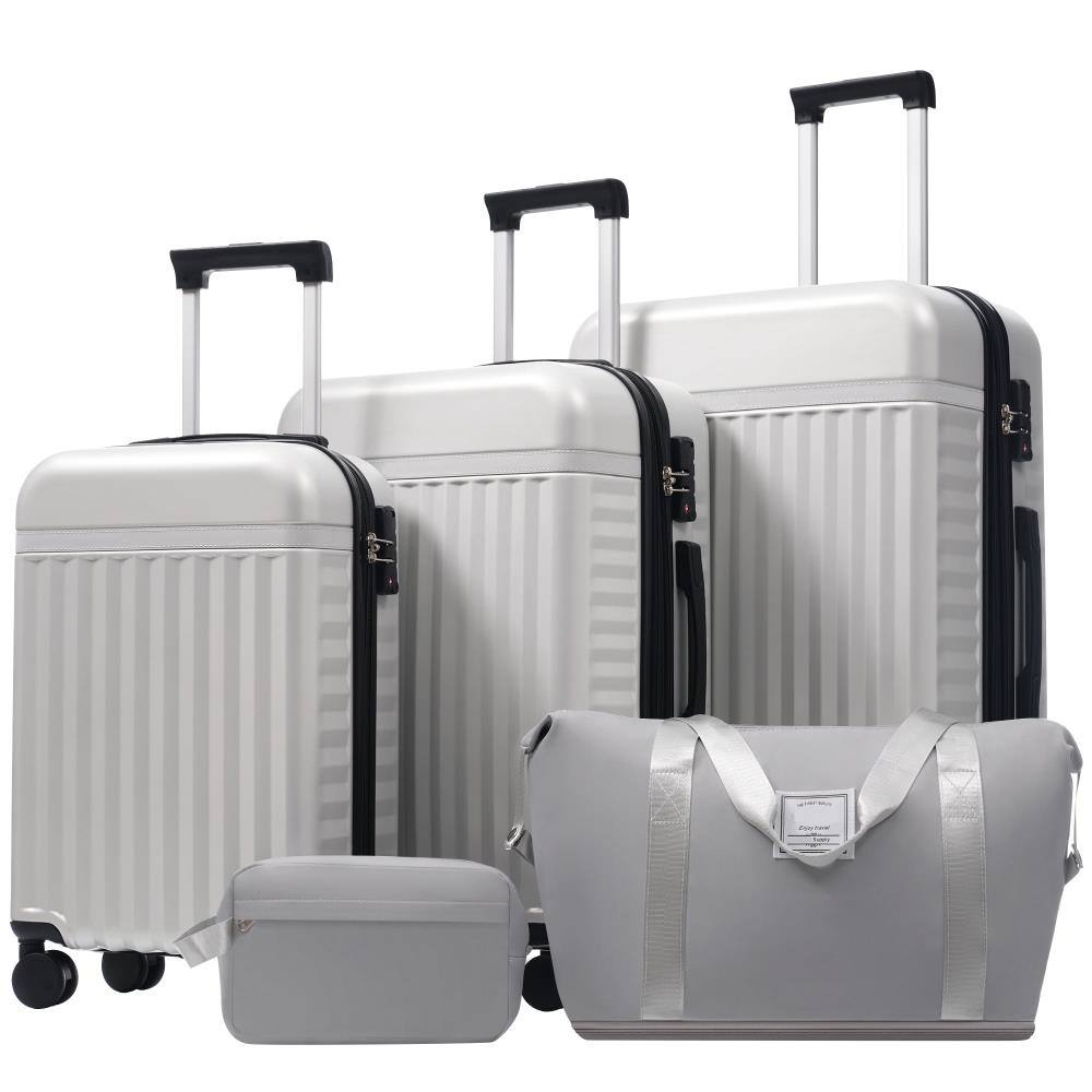 BreeBe - Luggage Set 5 Piece, Hardside Carry on Suitcase , Expandable Luggage with Travel Bags Spinner Wheels TSA Lock - Grey+White