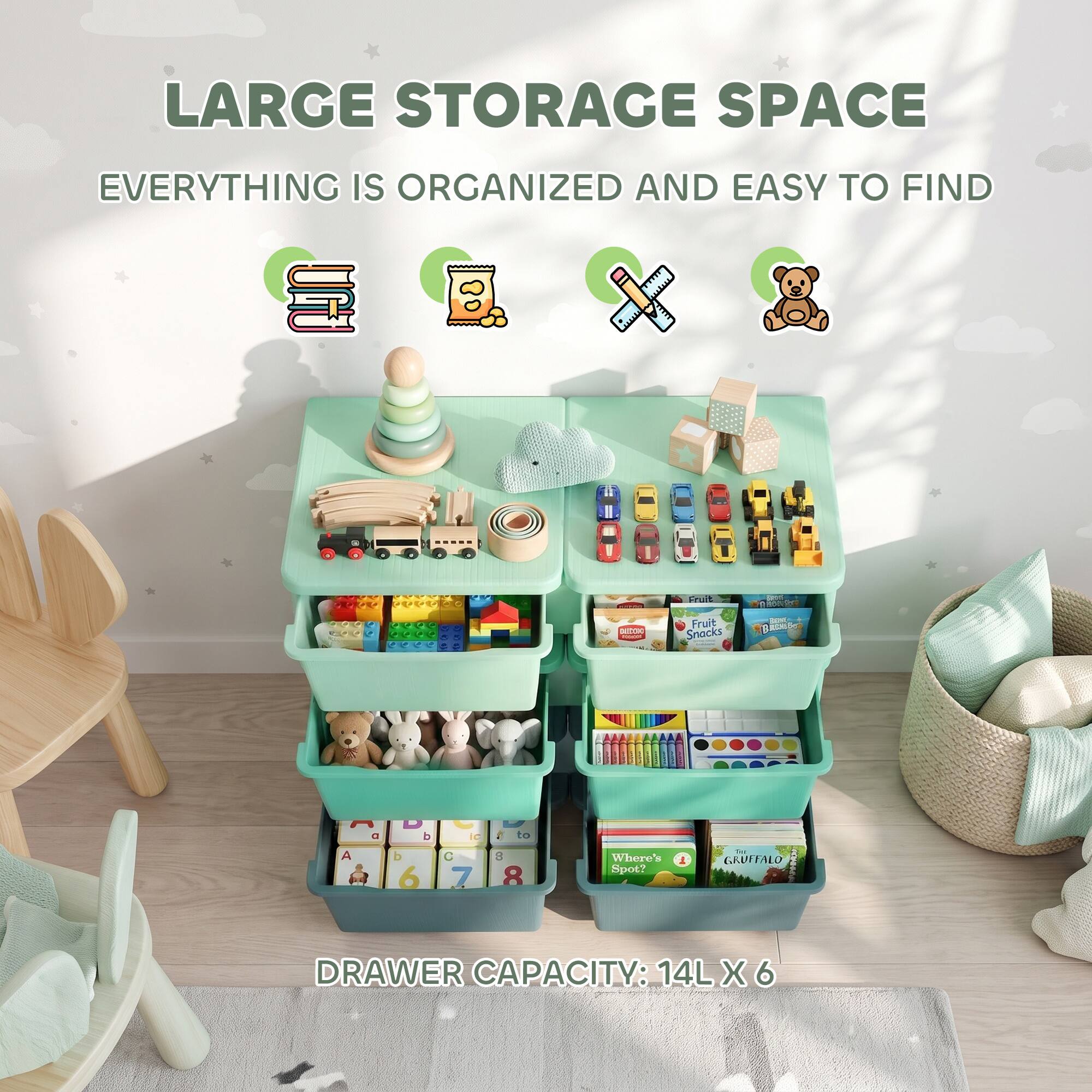 LARGE STORAGE SPACE  
EVERYTHING IS ORGANIZED AND EASY TO FIND  

DRAWER CAPACITY: 14L X 6