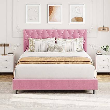 Front. GARVEE - Queen Size Platform Bed Frame Pink Upholstered Headboard No Box Spring Modern Bed Frame - Pink Queen.
