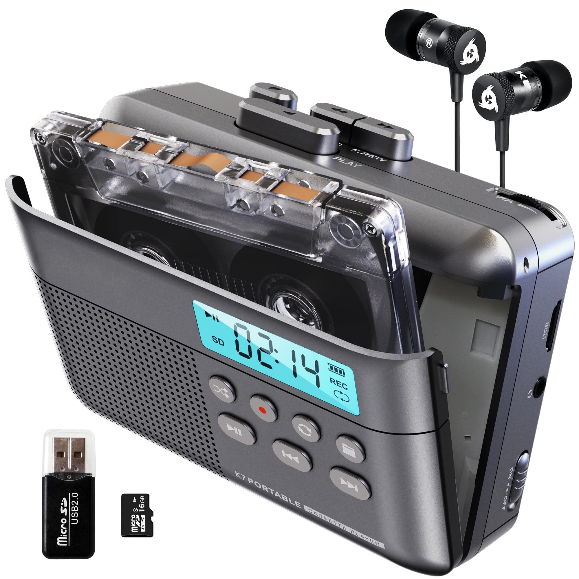 Dazzling Pops - K7 Cassette Tape Player To Mp3 Converter Portable Built in Microphone Rechargeable Earphones Sd Card Ash - Default