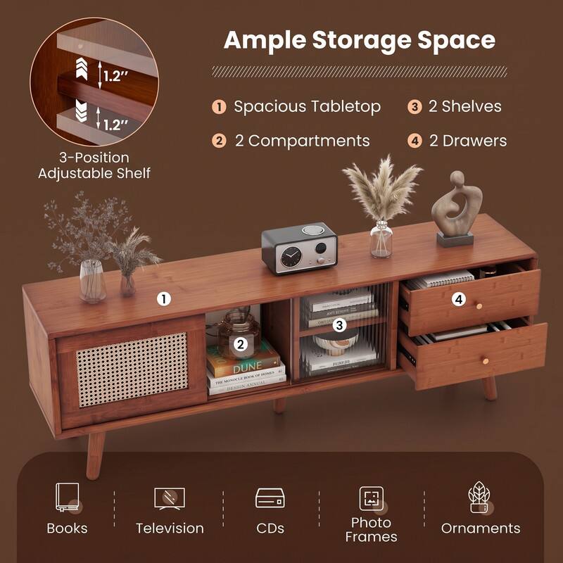 1.2"  
Ample Storage Space  
1.2" 3-Position Adjustable Shelf  
1 Spacious Tabletop  
2 2 Compartments  
3 2 Shelves  
4 2 Drawers  

Books  
Television  
CDs  
Photo Frames  
Ornaments