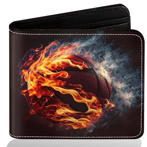 Front. Vulpecula Spade - Boys Wallet for Teens, Cool Kids Wallet Basketball for Boys Ages 8-10 9-12 11-15, Funny Leather Bifold Rfid Blocking, - Basketball-Black background flame.