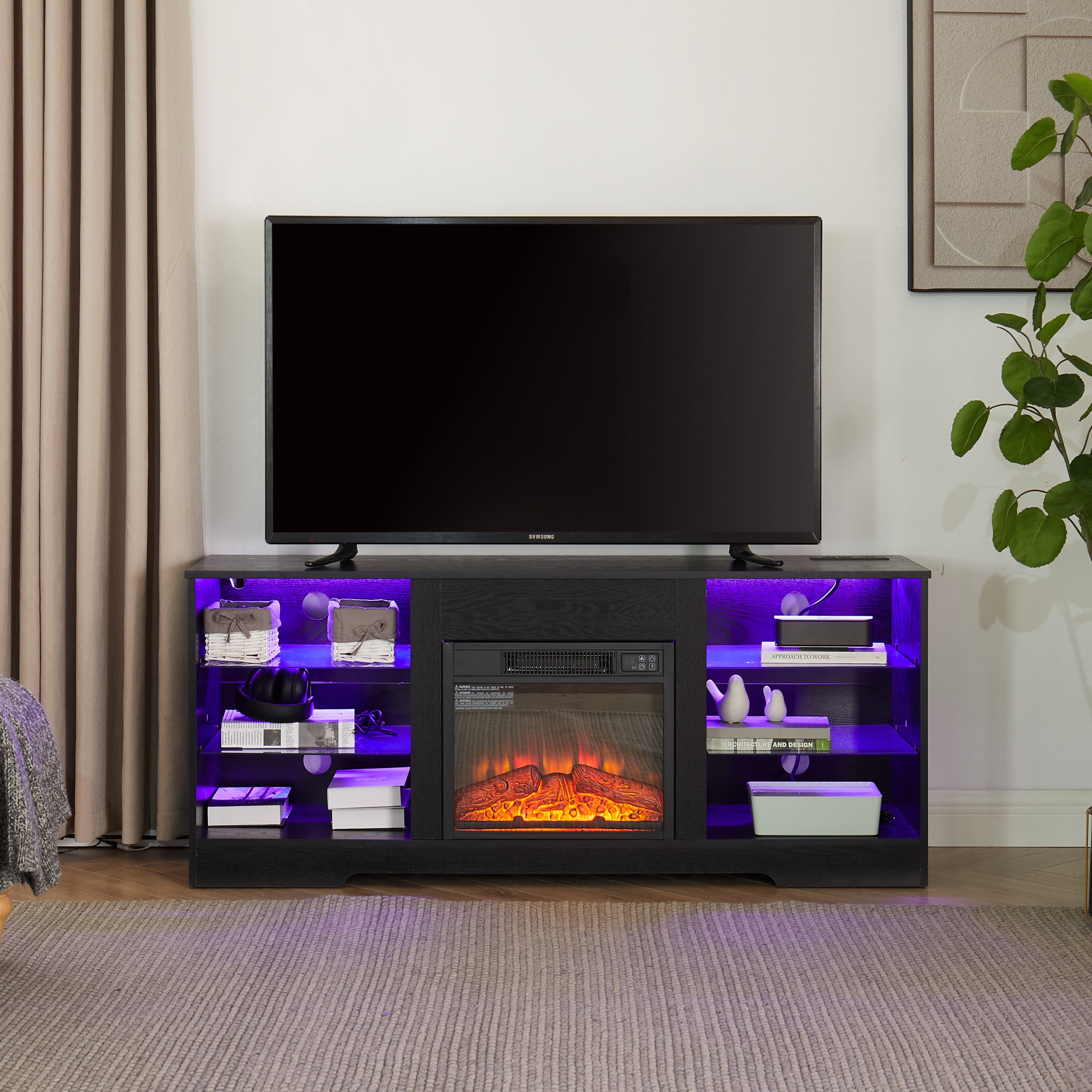 Dexmalle - TV Stand Electric Fireplace TV Stand with Glass Shelves - Black