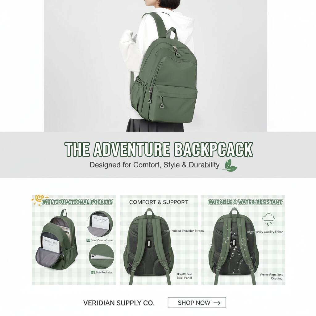 THE ADVENTURE BACKPACK  
Designed for Comfort, Style & Durability  

MULTIFUNCTIONAL POCKETS  
COMFORT & SUPPORT  
MURABLE & WATER RESISTANT  

Pedded Shoulder Straps  
High-quality Quality Fabric  
Front Compartment  
Side Pockets  
Breathable Back Panel  
Water-Repellent Coating  

VERIDIAN SUPPLY CO.  
SHOP NOW