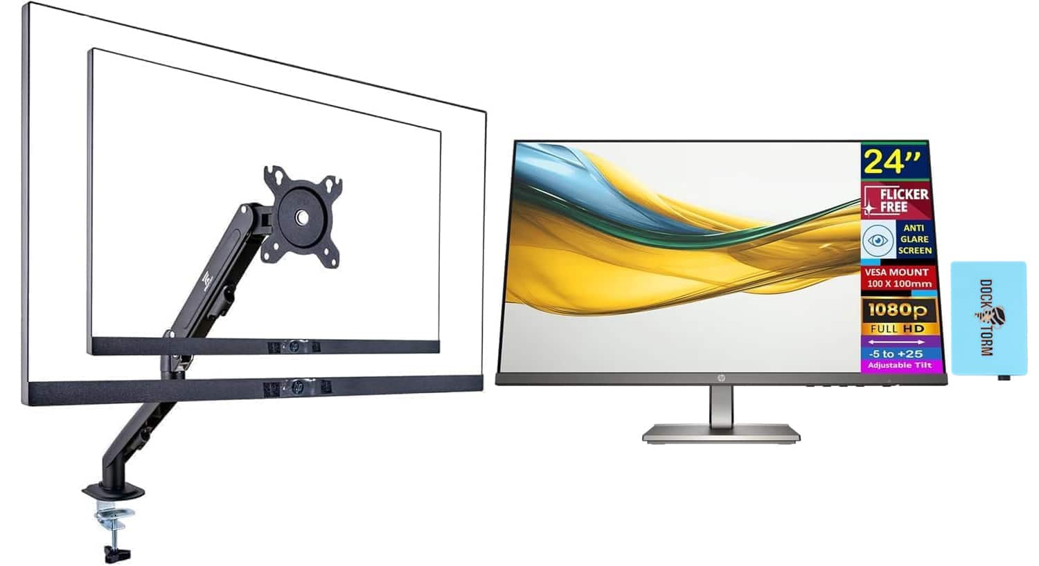 HP - Series 5 524da 24" FHD Monitor, Anti Glare, Flicker Free, HDMI (B11W5AT#ABA) w/DKZ Hub & Ergoflexy Single Mount Arm - Black/Gray