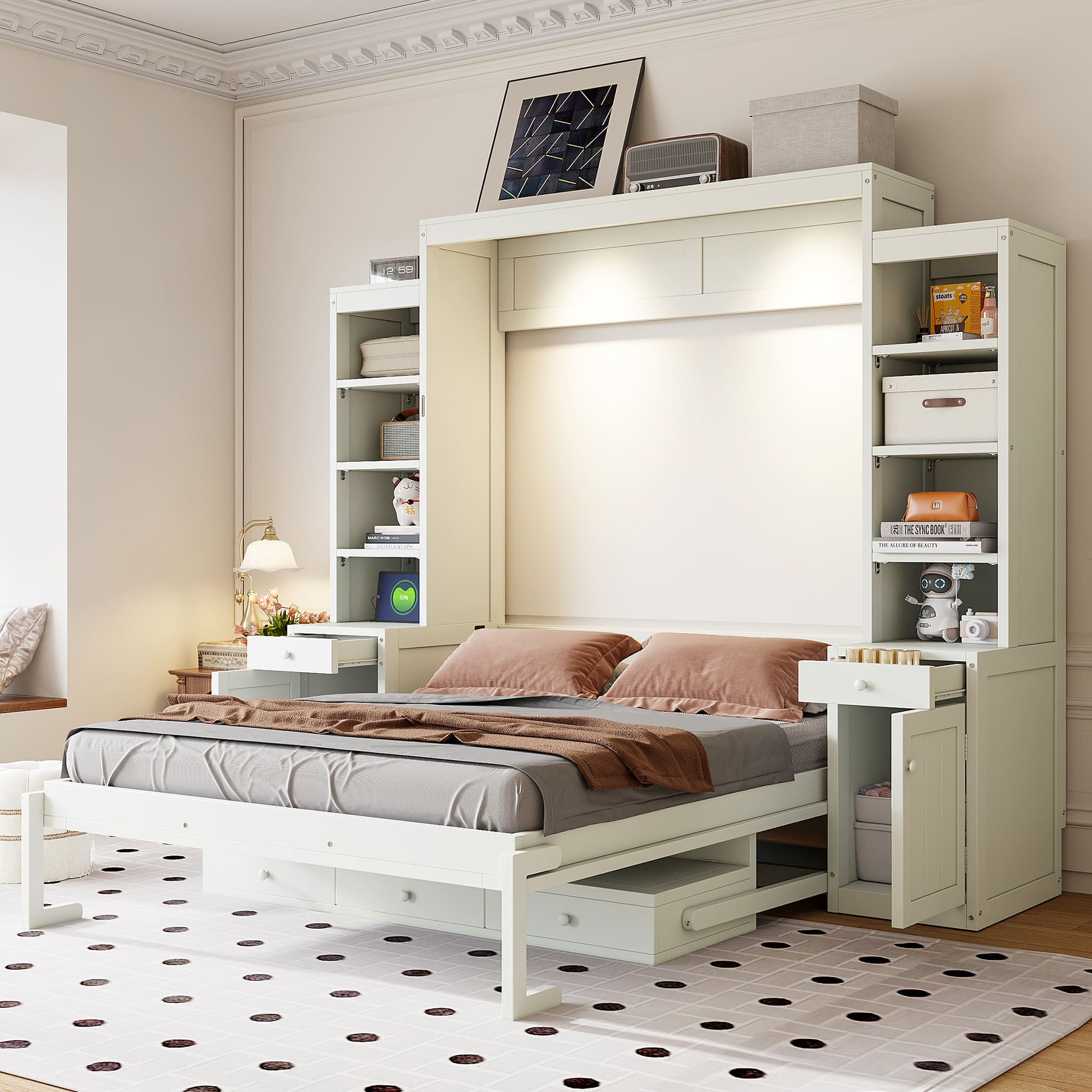 Anysun - Queen Size Murphy Bed with Desk & Storage, Space-Saving Wood Wall Bed with Cabinets & Drawers - White