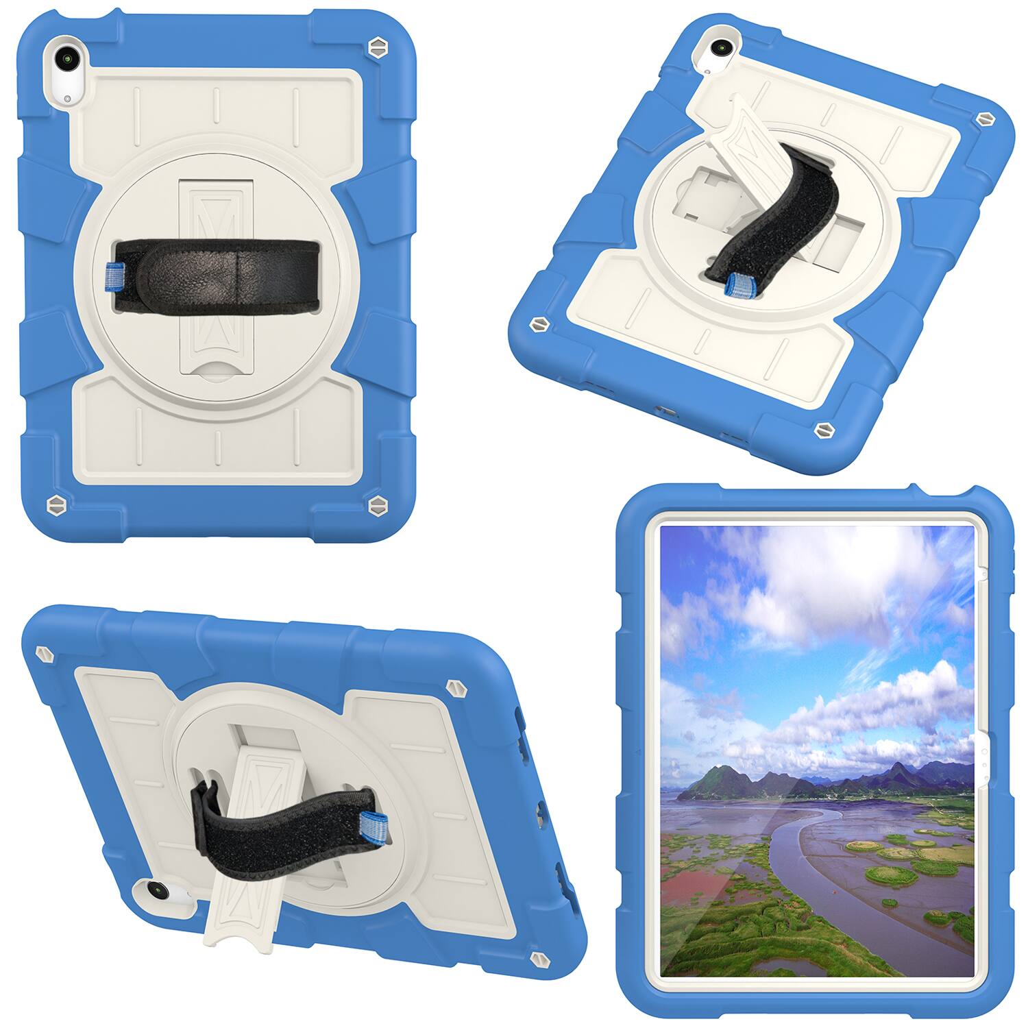 Left. Dteck - Heavy Duty Rugged Case for Apple iPad (A16) 11" 2025 & iPad 10.9" (10th Gen 2022),With Built-in Kickstand+Shoulder Strap - Blue.