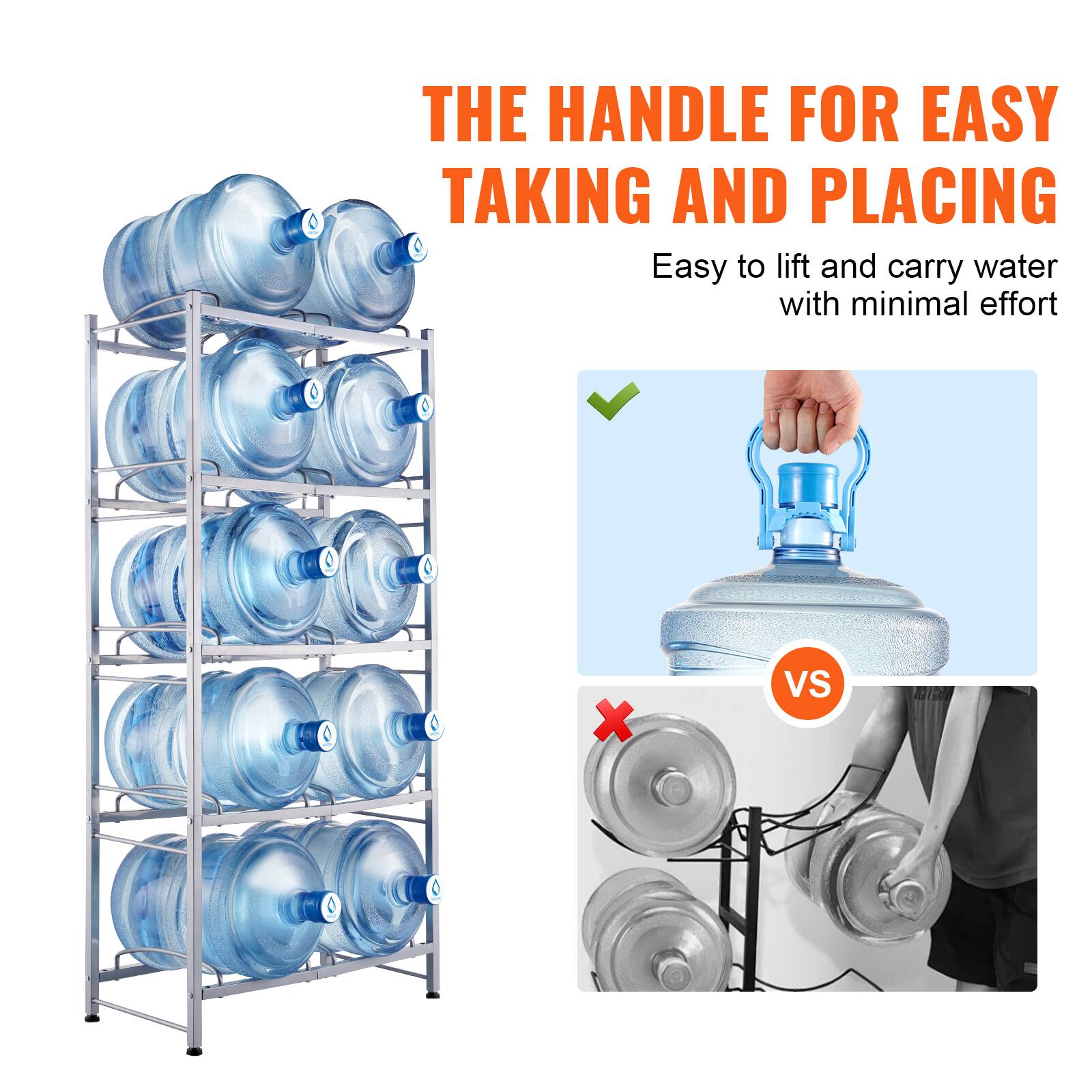 THE HANDLE FOR EASY TAKING AND PLACING

Easy to lift and carry water with minimal effort

✓

VS

✗